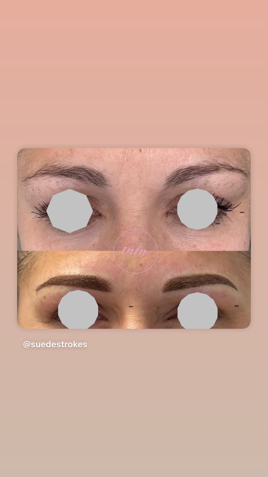 Before and after powder brows — full, symmetrical shape.
